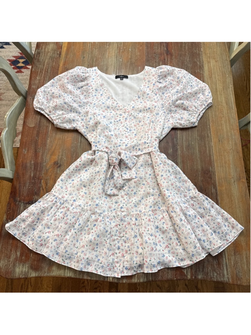 Lulus White Pink Blue Floral Puff Sleeve Button Front Tie Waist Mini Dress Small